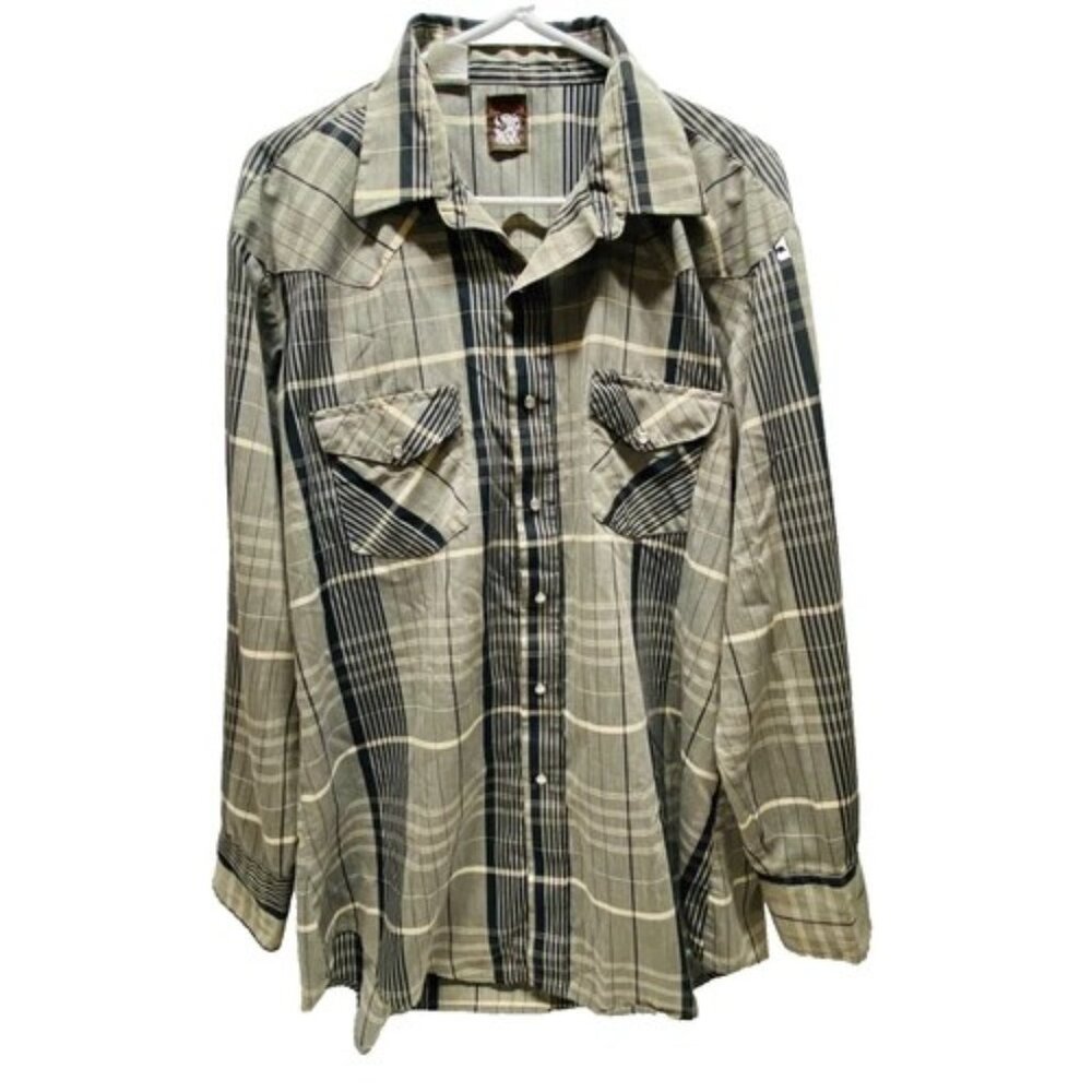 Vintage Karman Pearl Snap Shirt Men's XL Beige Black Plaid Long Sleeve‎ Top GUC